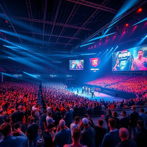 A busy esports tournament with a large audience, showing the economic impact of the gaming industry.