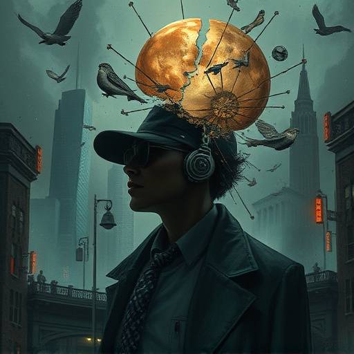 Concept art from 'Disco Elysium' showcasing the detective's fractured psyche and surreal cityscape.