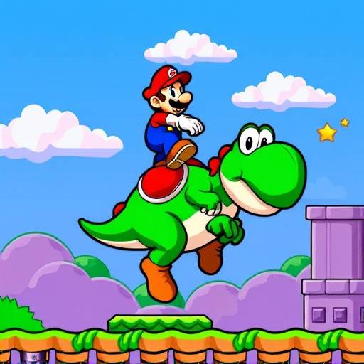 Screenshot from 'Super Mario World' showing Mario jumping in a colorful world with Yoshi.