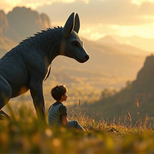 Screenshot from 'The Last Guardian' showing the boy and Trico in a serene landscape.